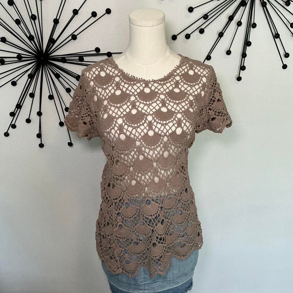 Cato taupe crochet lace top boho sheer short sleeve blouse
